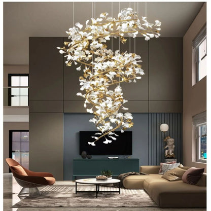 Ceramic Ginkgo Cascading B (Spiral) Branch Chandelier