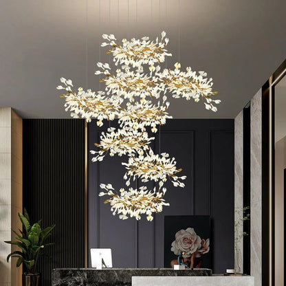 Ceramic Ginkgo Cascading C (Alternating) Branch Chandelier